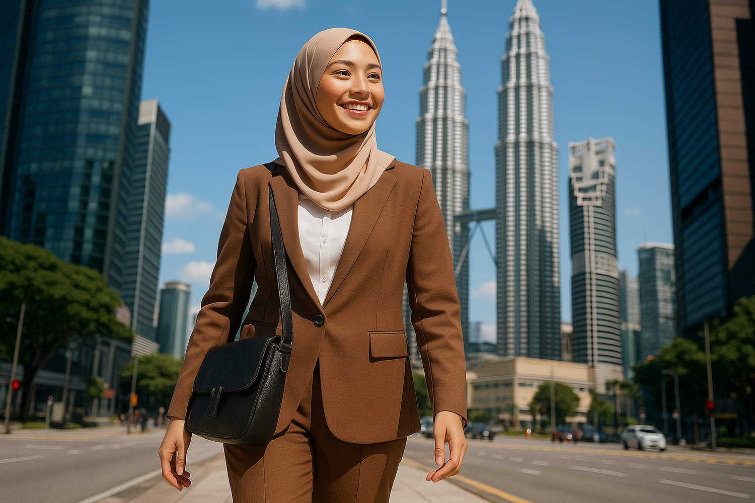 A happy positive looking modern Malay Muslim lady, in office attire (brown) walking on the road in front of the twin towers in Malaysia, carrying an office sling bag